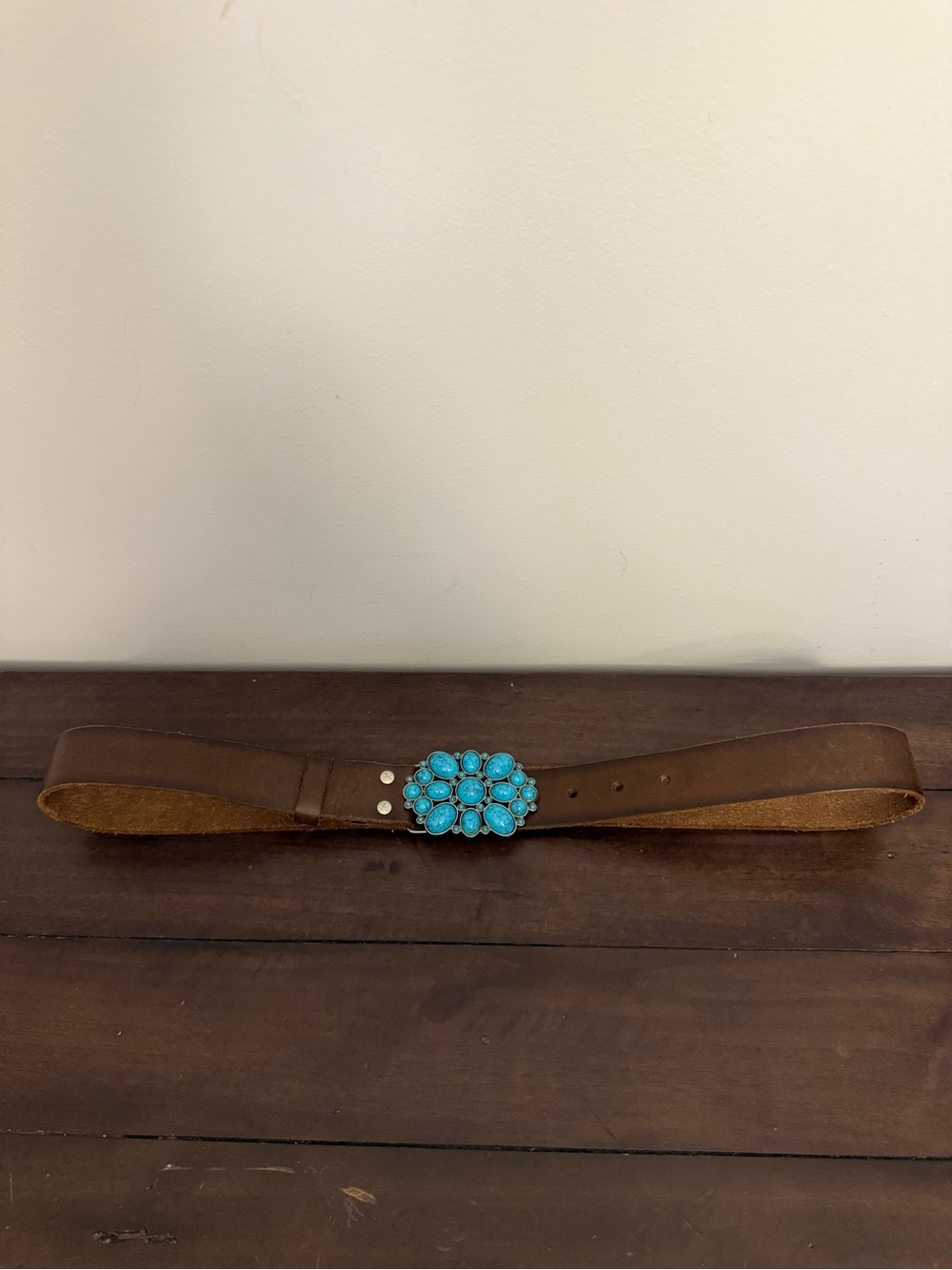 American Eagle Brown Leather Turquoise-Look Buckle Western Belt Medium